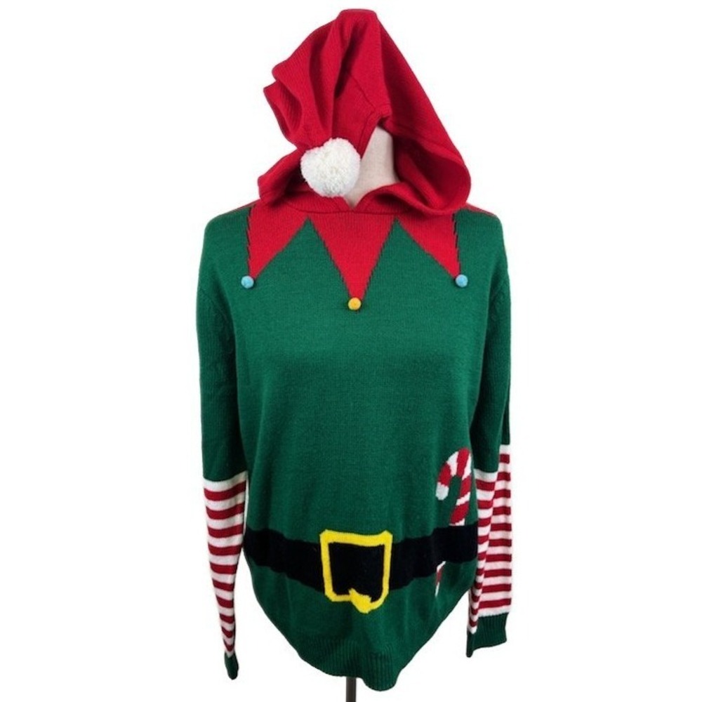 Qualfort Women's Size Large Elf Hood Ugly Christmas Sweater Green Holiday Red